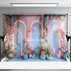 Aperturee - Aperturee Pink Blue Lighted Arch Floral Wedding Photo Backdrop