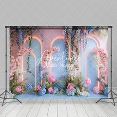 Aperturee - Aperturee Pink Blue Lighted Arch Floral Wedding Photo Backdrop