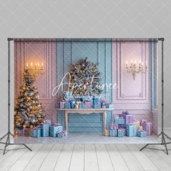 Aperturee - Aperturee Pink Blue Wall Gift Box Pine Tree Christmas Backdrop