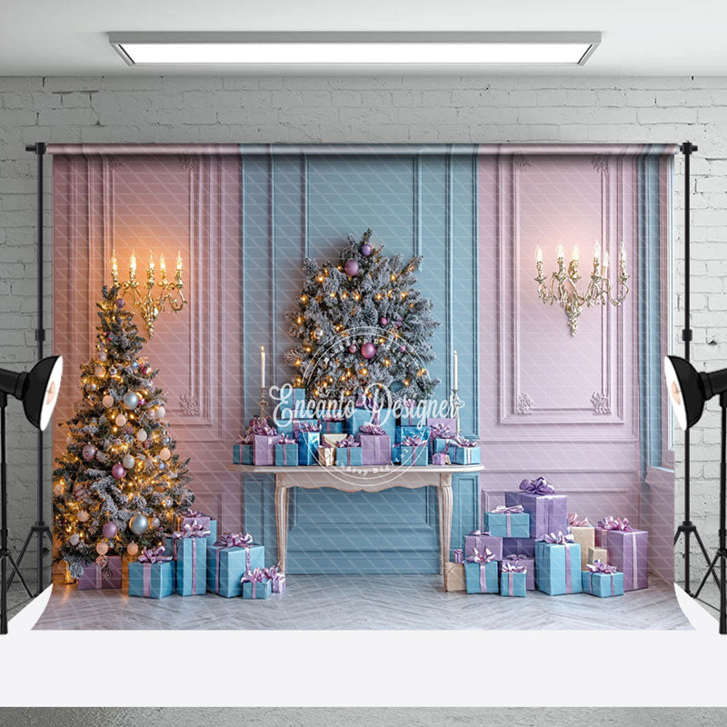 Aperturee - Aperturee Pink Blue Wall Gift Box Pine Tree Christmas Backdrop