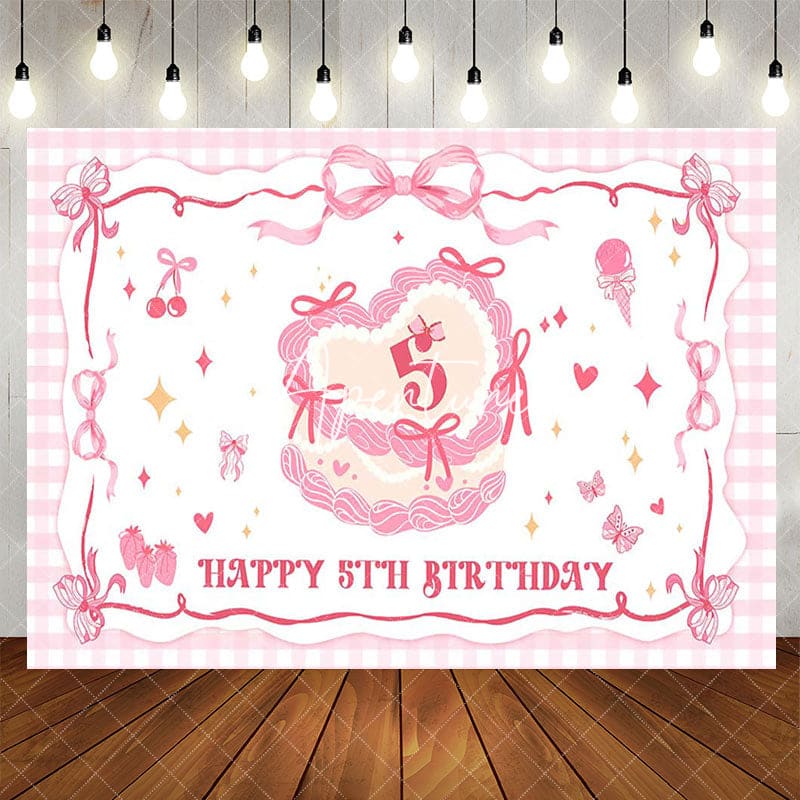 Aperturee - Aperturee Pink Bow Cream Cake Plaid Happy 5th Birthday Backdrop