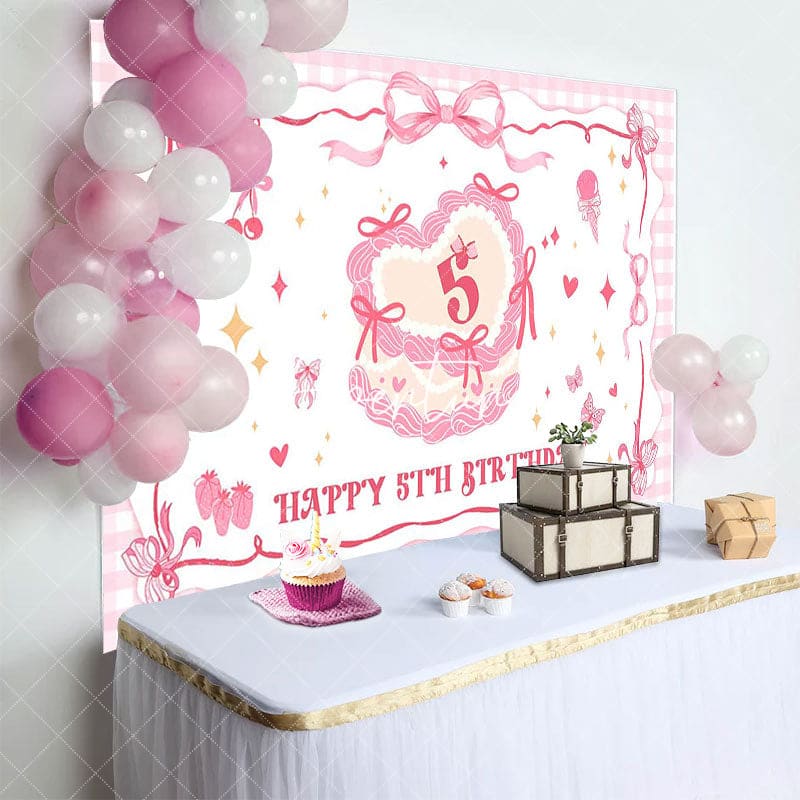 Aperturee - Aperturee Pink Bow Cream Cake Plaid Happy 5th Birthday Backdrop