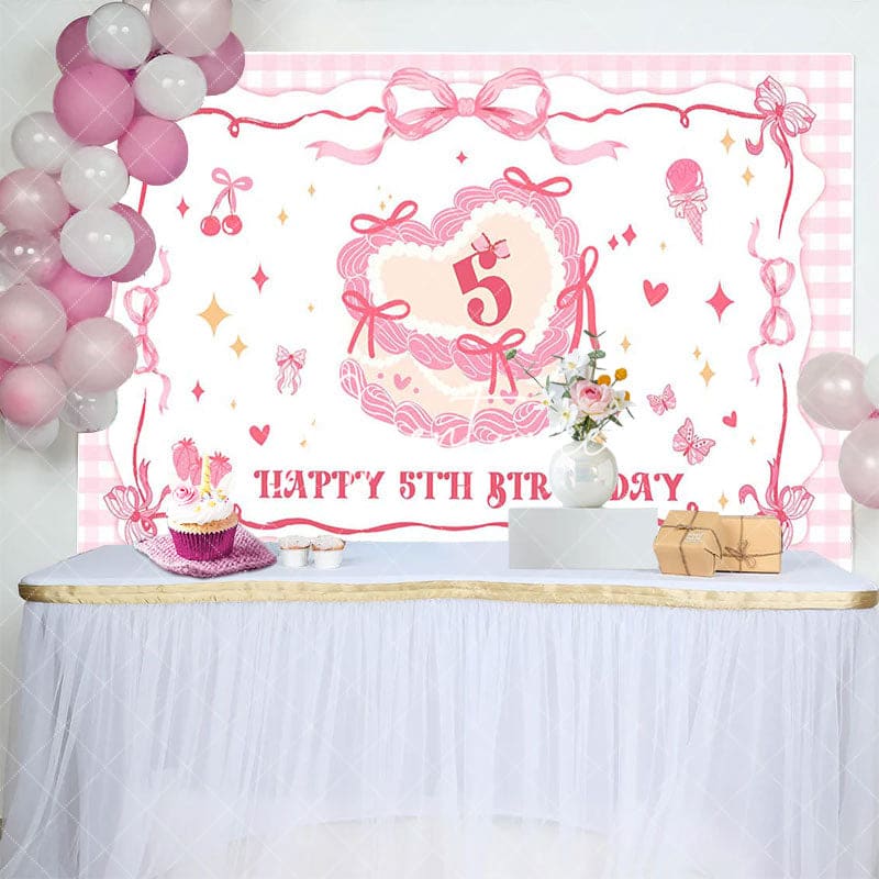 Aperturee - Aperturee Pink Bow Cream Cake Plaid Happy 5th Birthday Backdrop