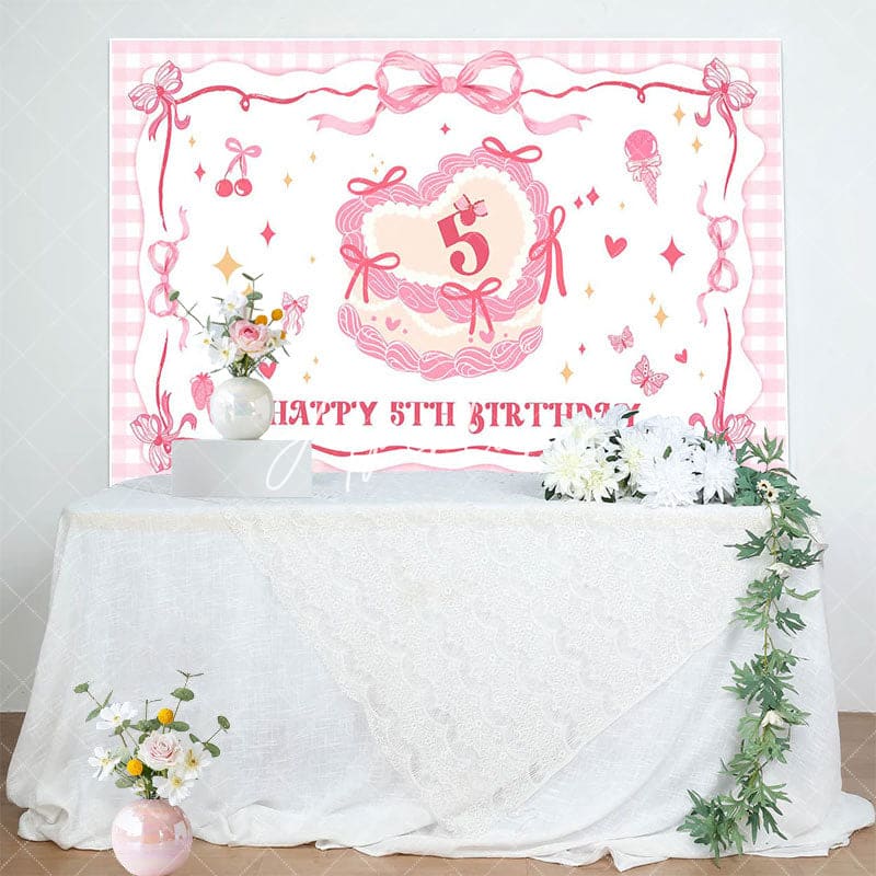 Aperturee - Aperturee Pink Bow Cream Cake Plaid Happy 5th Birthday Backdrop