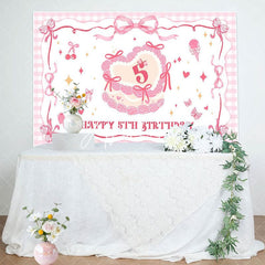 Aperturee - Aperturee Pink Bow Cream Cake Plaid Happy 5th Birthday Backdrop