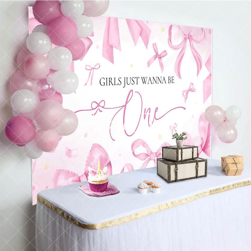 Aperturee - Aperturee Pink Bow Girls Just Wanna Be One Birthday Backdrop