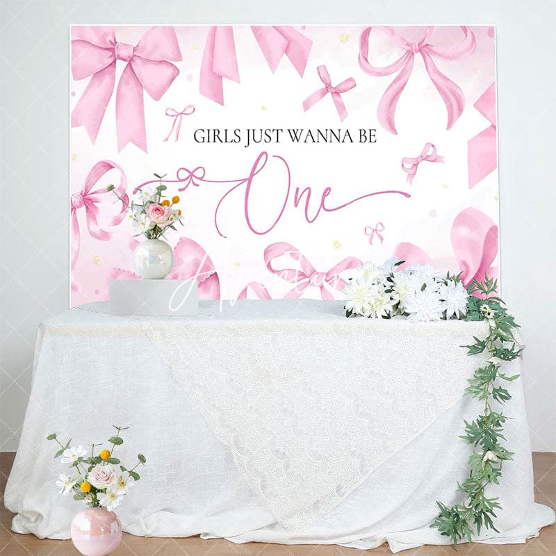 Aperturee - Aperturee Pink Bow Girls Just Wanna Be One Birthday Backdrop