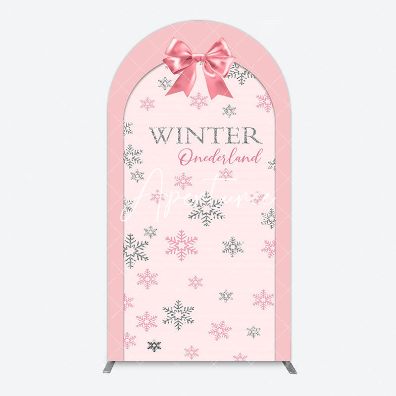 Aperturee - Aperturee Pink Bow Tie Snowflake Winter Onderland Arch Backdrop