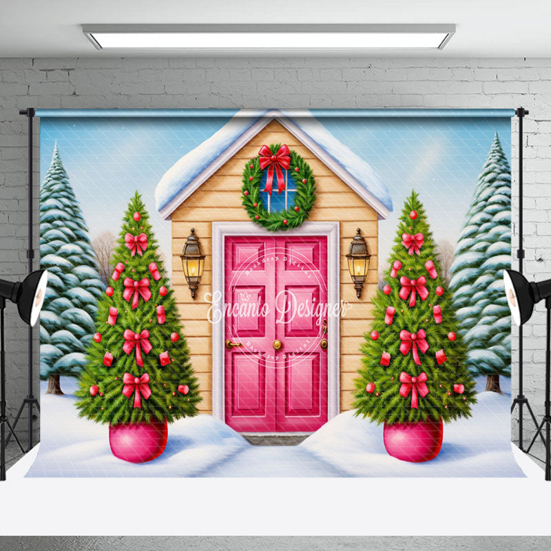 Aperturee - Aperturee Pink Bow Tie Trees House Snowy Christmas Backdrop