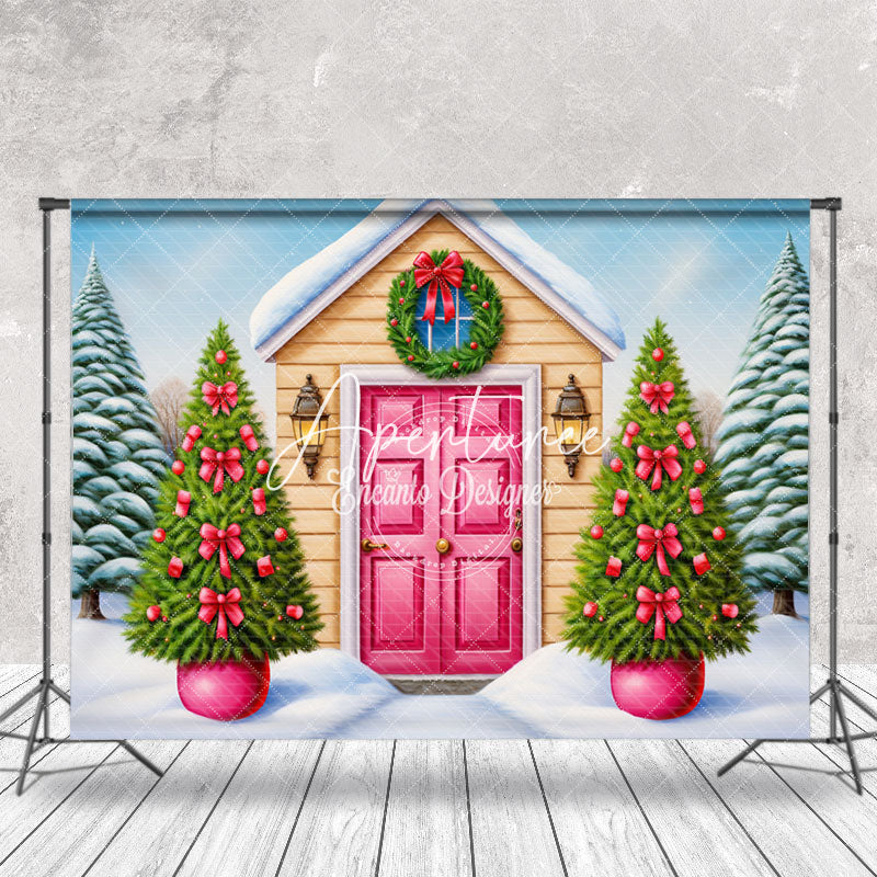 Aperturee - Aperturee Pink Bow Tie Trees House Snowy Christmas Backdrop