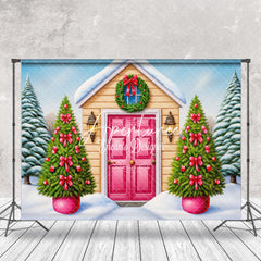 Aperturee - Aperturee Pink Bow Tie Trees House Snowy Christmas Backdrop