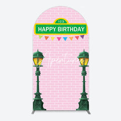 Aperturee - Aperturee Pink Brick Wall Old Lamp Happy Birthday Arch Backdrop