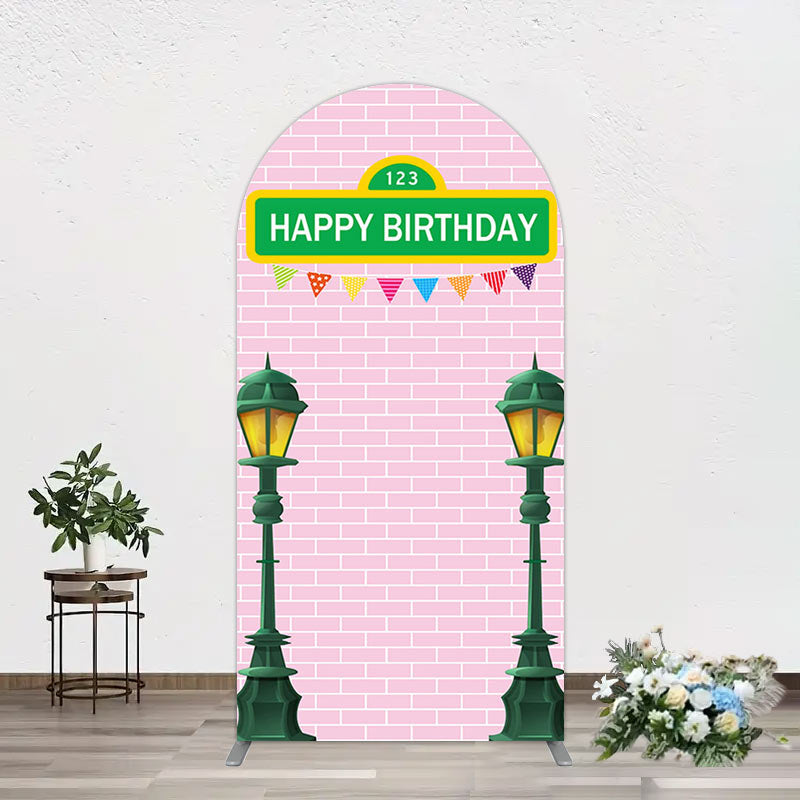 Aperturee - Aperturee Pink Brick Wall Old Lamp Happy Birthday Arch Backdrop