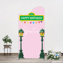 Aperturee - Aperturee Pink Brick Wall Old Lamp Happy Birthday Arch Backdrop