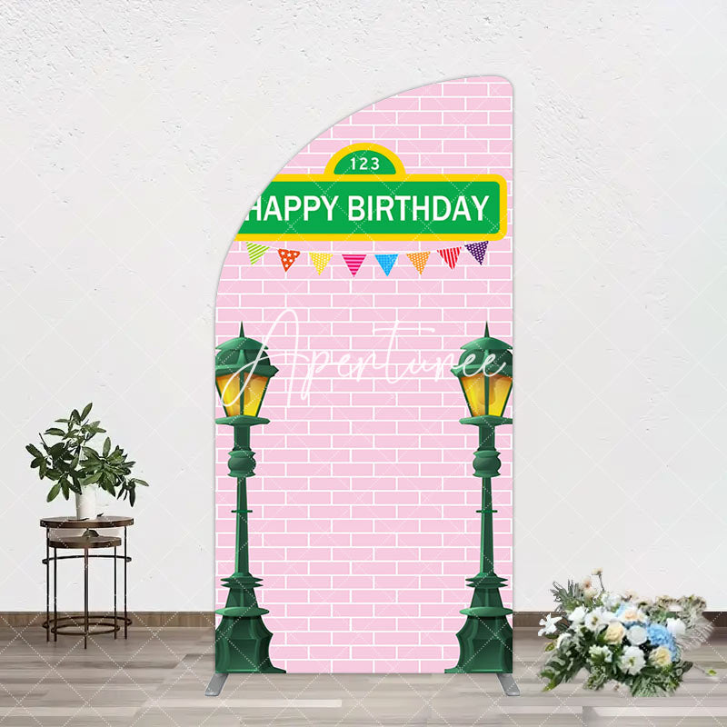 Aperturee - Aperturee Pink Brick Wall Old Lamp Happy Birthday Arch Backdrop