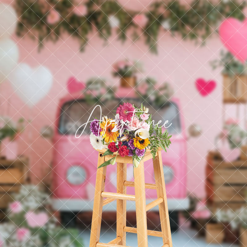 Aperturee - Aperturee Pink Bus Floral Plant Romantic Valentines Day Backdrop