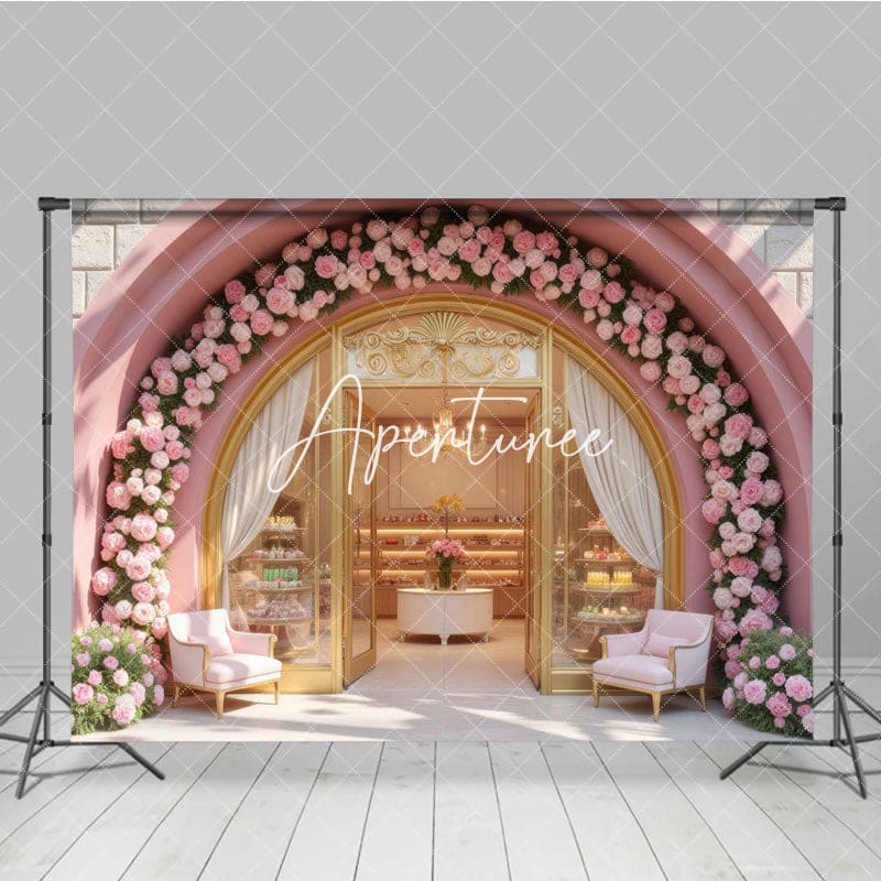 Aperturee - Aperturee Pink Cake Shop Bake Store Floral Photography Backdrop