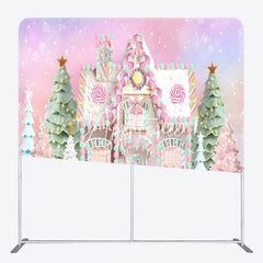 Aperturee - Aperturee Pink Candy House Xmas Tree Tension Fabric Backdrop