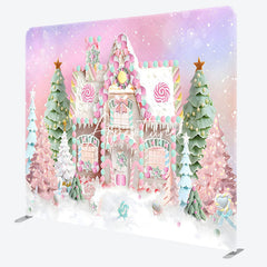 Aperturee - Aperturee Pink Candy House Xmas Tree Tension Fabric Backdrop