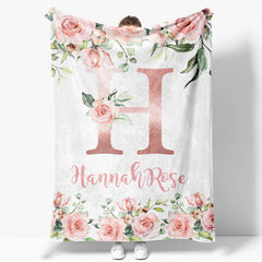 Aperturee - Aperturee Pink Capital Letters Rose Leaves Custom Name Blanket