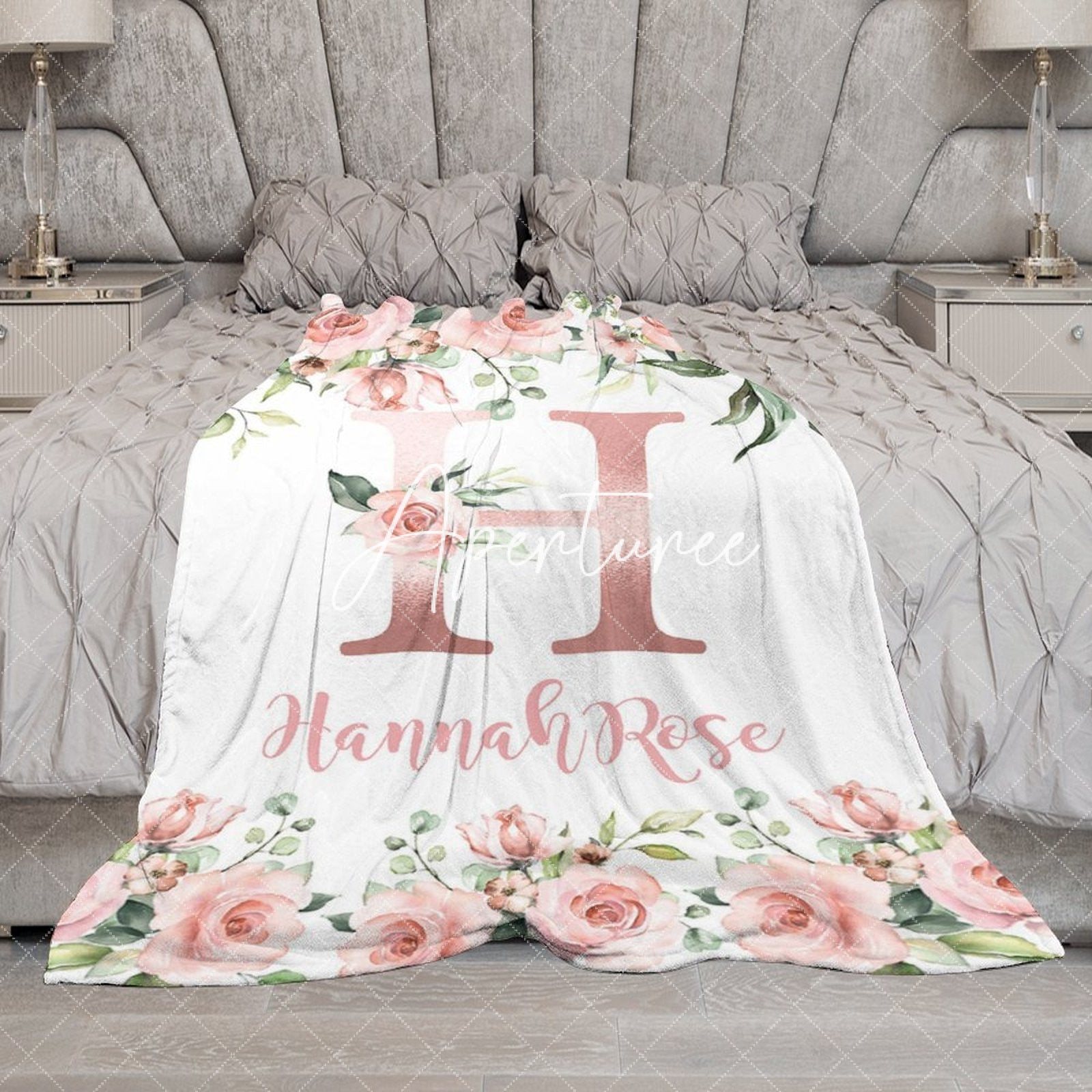 Aperturee - Aperturee Pink Capital Letters Rose Leaves Custom Name Blanket