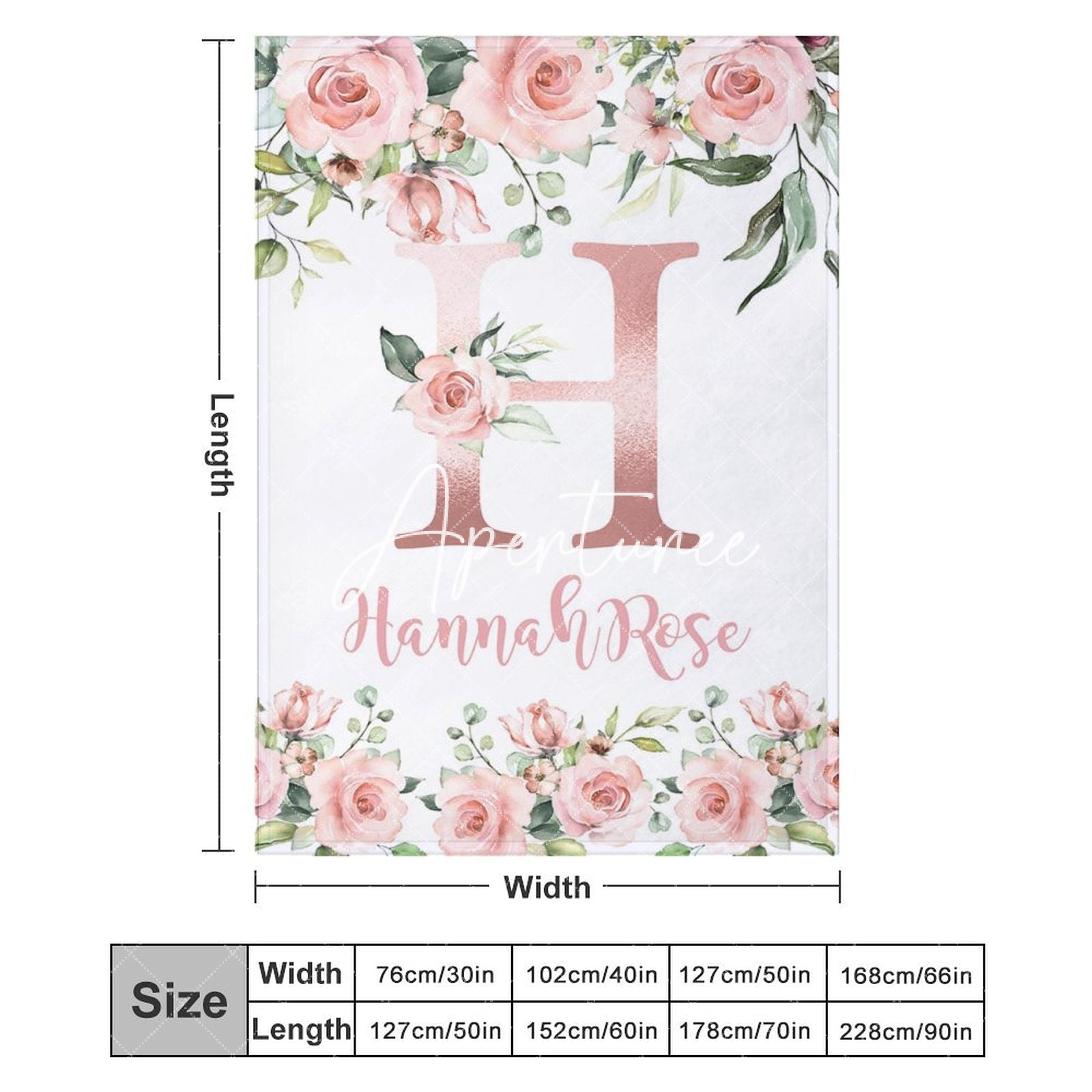 Aperturee - Aperturee Pink Capital Letters Rose Leaves Custom Name Blanket