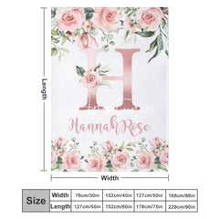 Aperturee - Aperturee Pink Capital Letters Rose Leaves Custom Name Blanket