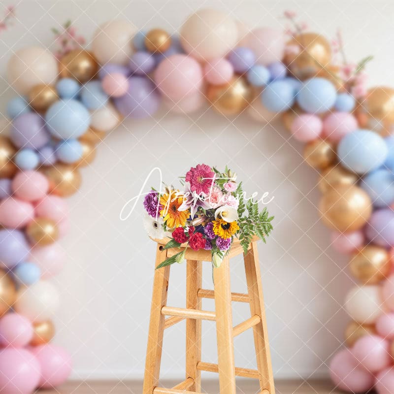 Aperturee - Aperturee Pink Colorful Balloons Birthday Cake Smash Backdrop