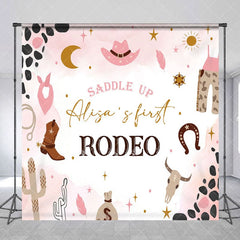 Aperturee - Aperturee Pink Cowgirl First Rodeo Custom Name Birthday Backdrop