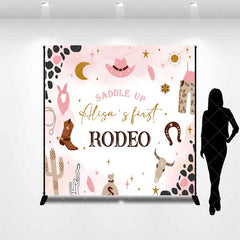 Aperturee - Aperturee Pink Cowgirl First Rodeo Custom Name Birthday Backdrop