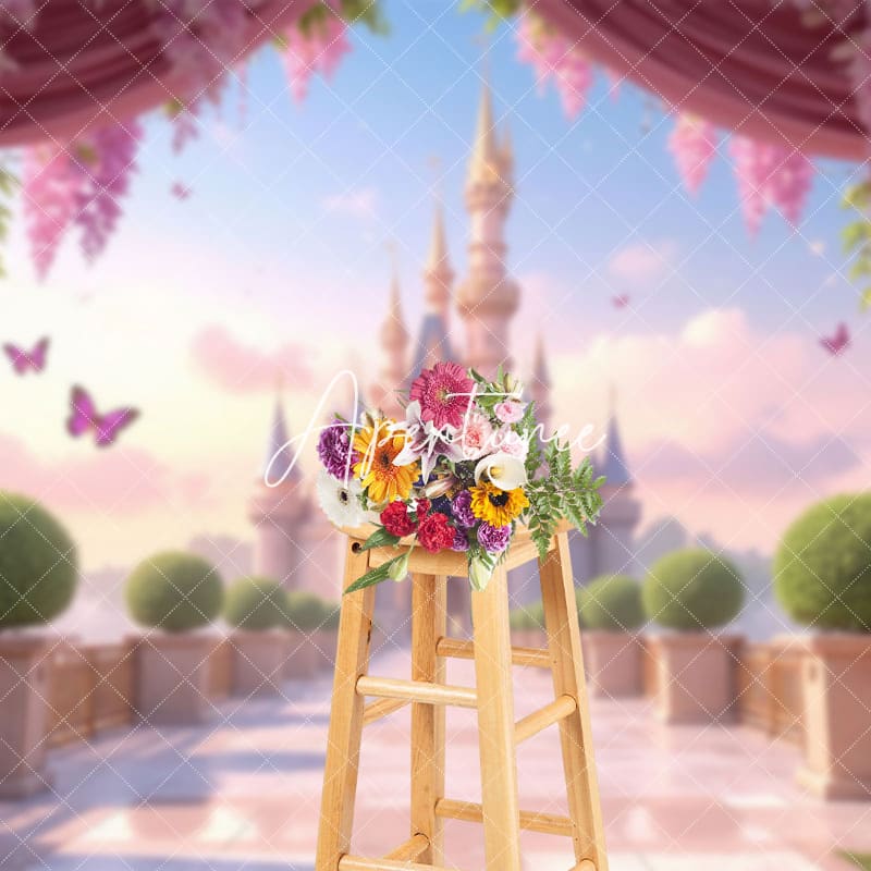 Aperturee - Aperturee Pink Curtain Fairy Tale Castle Cake Smash Backdrop