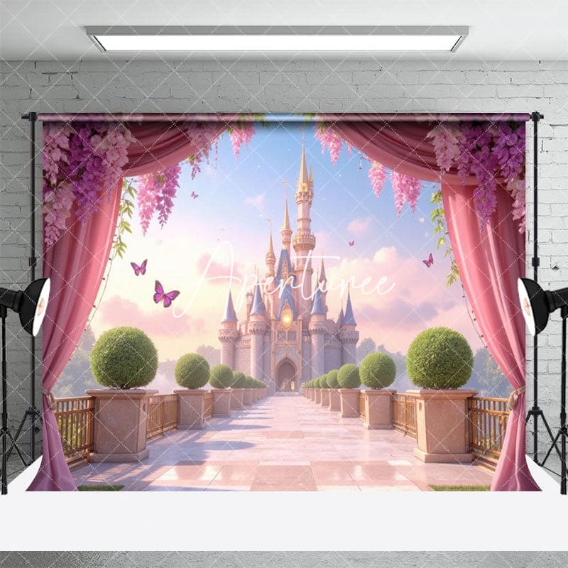 Aperturee - Aperturee Pink Curtain Fairy Tale Castle Cake Smash Backdrop