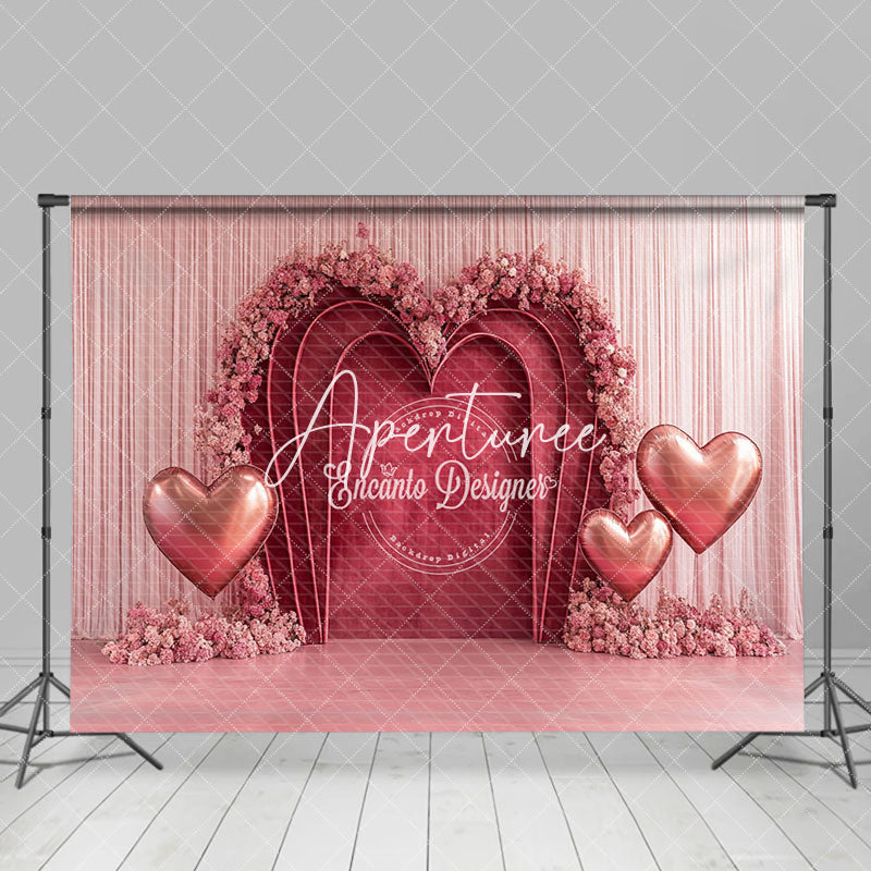 Aperturee - Aperturee Pink Curtain Floral Arch Heart Balloon Backdrop