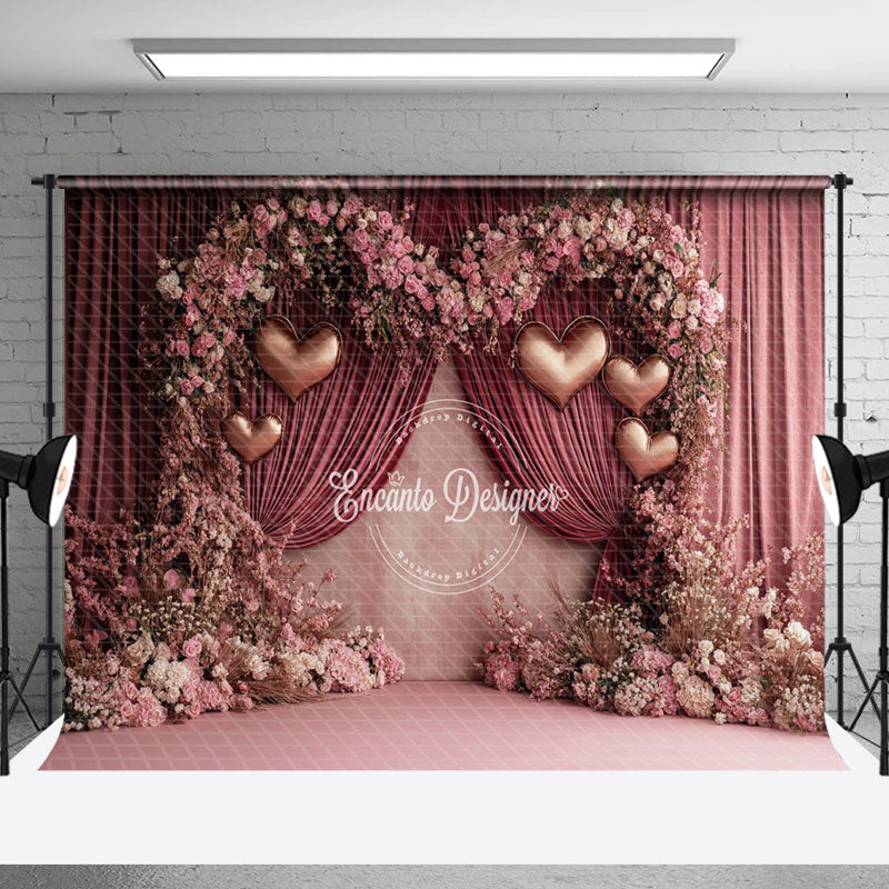 Aperturee - Aperturee Pink Curtain Floral Romantic Valentines Day Backdrop