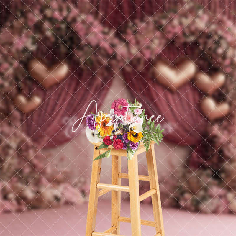 Aperturee - Aperturee Pink Curtain Floral Romantic Valentines Day Backdrop