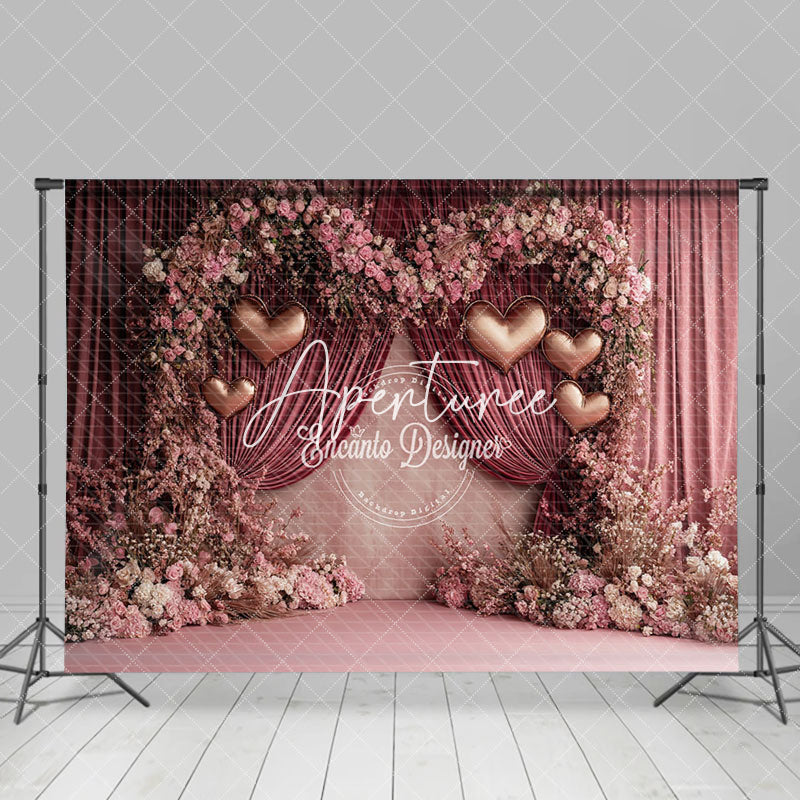 Aperturee - Aperturee Pink Curtain Floral Romantic Valentines Day Backdrop