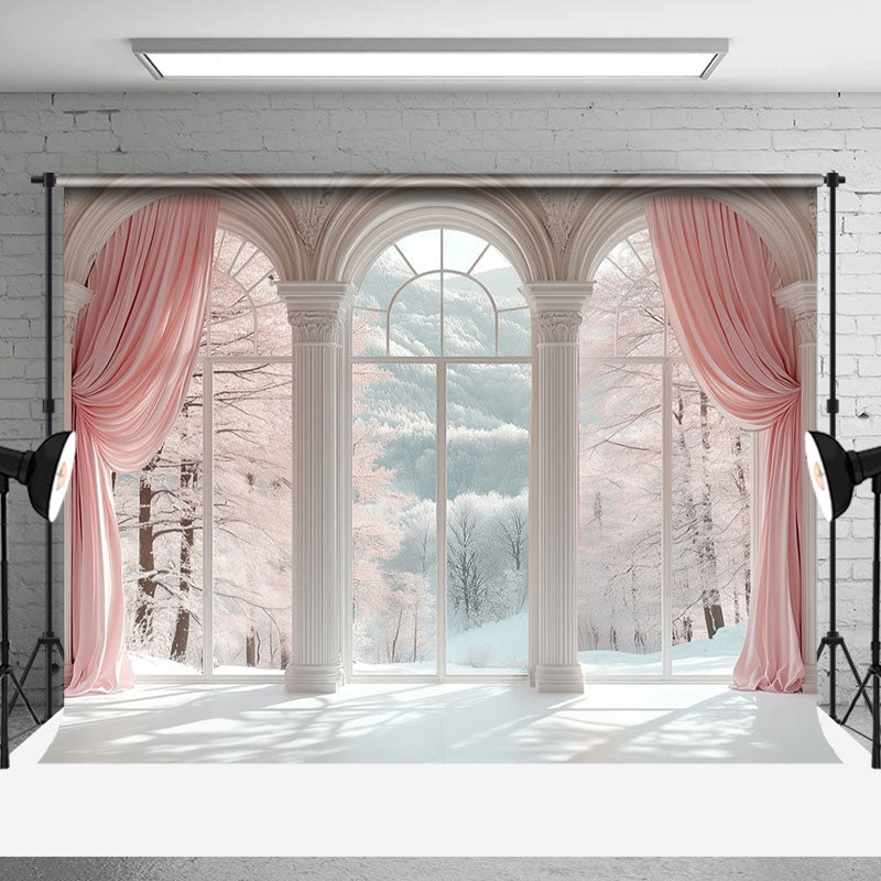 Aperturee - Aperturee Pink Curtain Forest White Arch Window Photo Backdrop