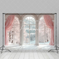 Aperturee - Aperturee Pink Curtain Forest White Arch Window Photo Backdrop