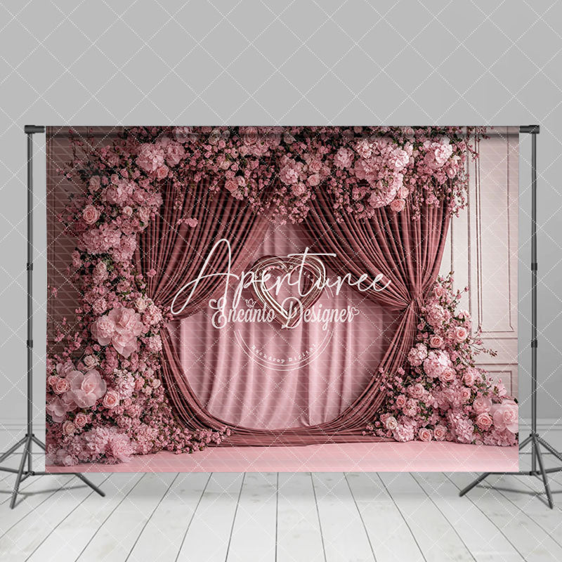 Aperturee - Aperturee Pink Curtain Romantic Floral Valentines Day Backdrop