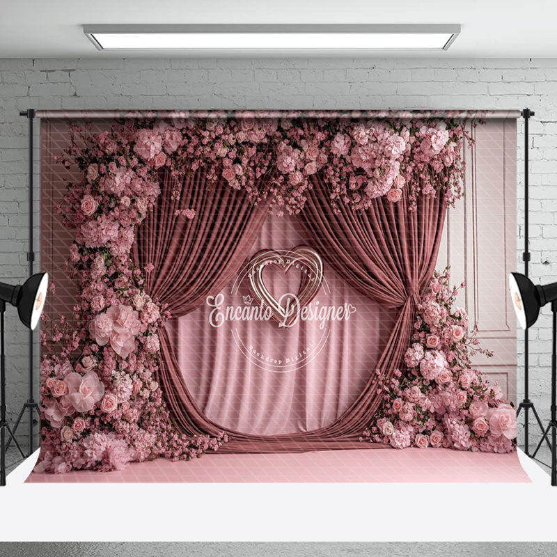 Aperturee - Aperturee Pink Curtain Romantic Floral Valentines Day Backdrop