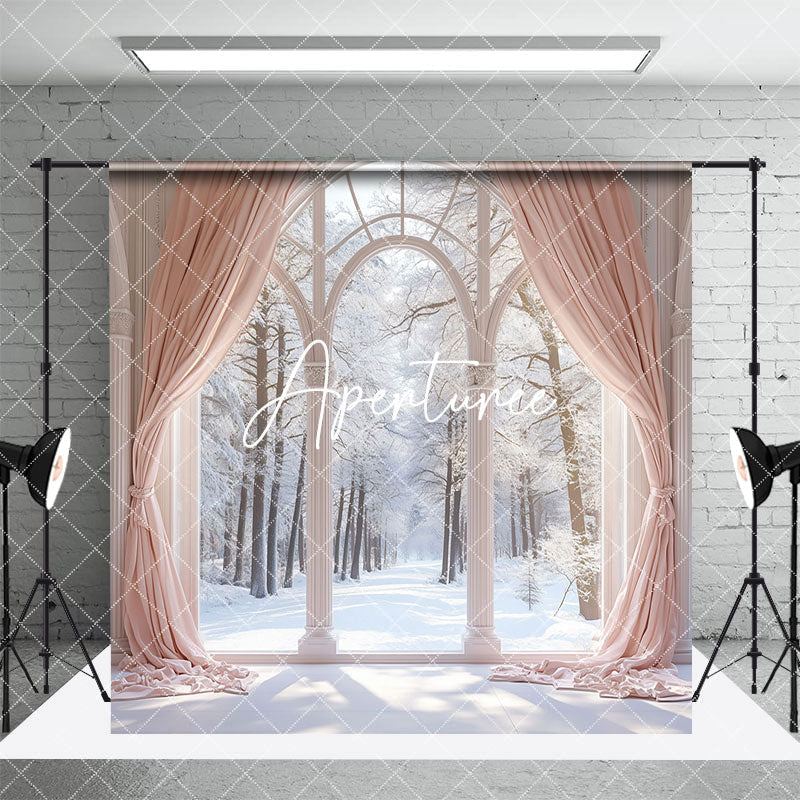 Aperturee - Aperturee Pink Curtain Window Marble Floor Room Set Backdrop