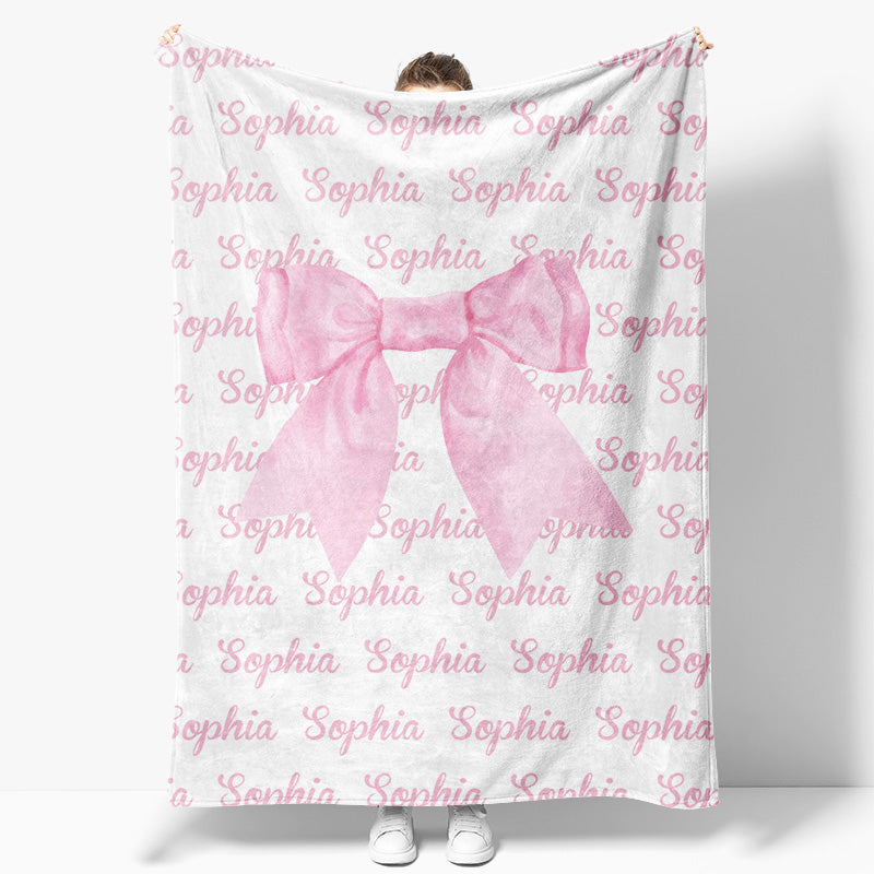 Aperturee - Aperturee Pink Cute Bow Tie Repeated Custom Name Baby Blanket