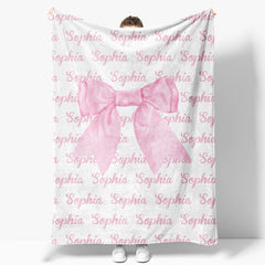 Aperturee - Aperturee Pink Cute Bow Tie Repeated Custom Name Baby Blanket