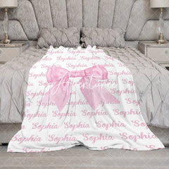 Aperturee - Aperturee Pink Cute Bow Tie Repeated Custom Name Baby Blanket