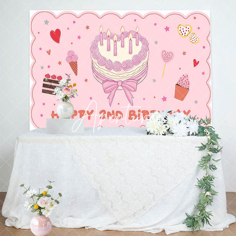 Aperturee - Aperturee Pink Cute Heart Cake Happy 2nd Birthday Backdrop