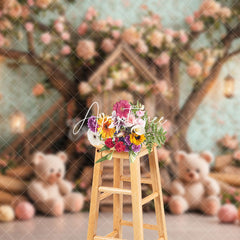 Aperturee - Aperturee Pink Dense Floral Tree House Bear Cake Smash Backdrop