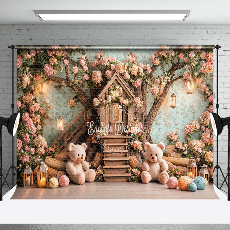 Aperturee - Aperturee Pink Dense Floral Tree House Bear Cake Smash Backdrop