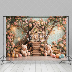 Aperturee - Aperturee Pink Dense Floral Tree House Bear Cake Smash Backdrop