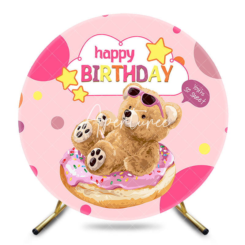 Aperturee - Aperturee Pink Donut Teddy Bear Round Happy Birthday Backdrop