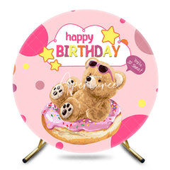 Aperturee - Aperturee Pink Donut Teddy Bear Round Happy Birthday Backdrop